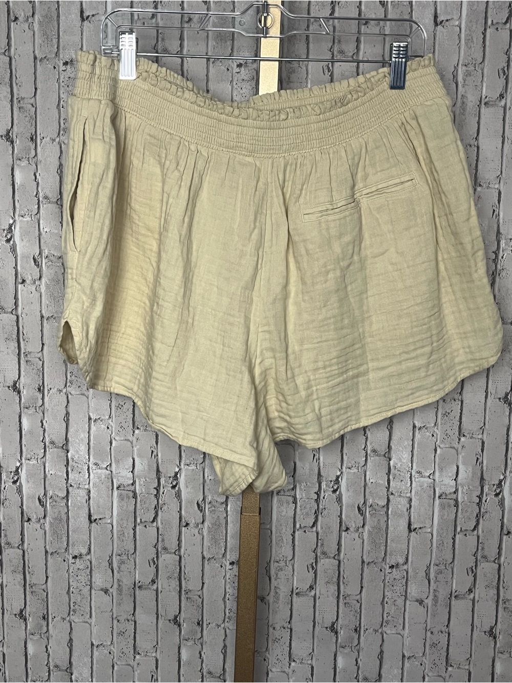 Aerie Gauzy High Waisted Cotton Shorts Cream Soft Oat Smocked pull on lounge XL